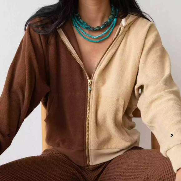 NWT Donni Cream Brown Brushed Terry Duo Zip‎ Up Hoodie - XXS Chocolate/Lychee - Picture 1 of 6